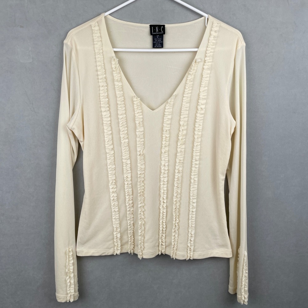 VTG INC International Concepts Ivory Ruffle V-Neck Long Sleeve Victorian Top L